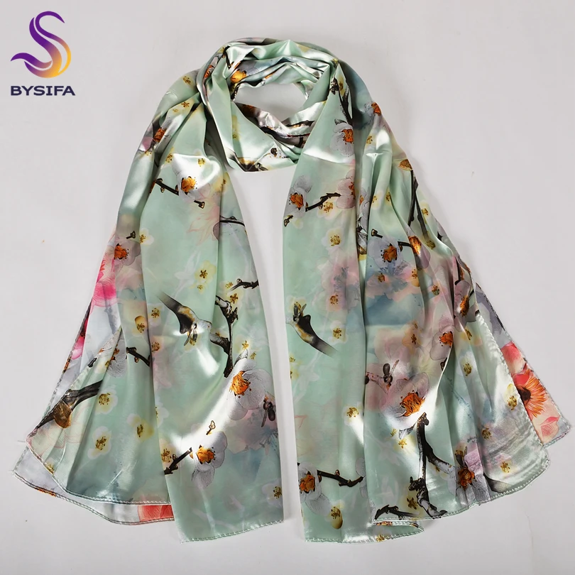 [BYSIFA] Beige Green Satin Silk Scarf Shawl Printed Women Long Scarves Wraps Chinese Style Fall Winter Plum Blossom Scarf Cape