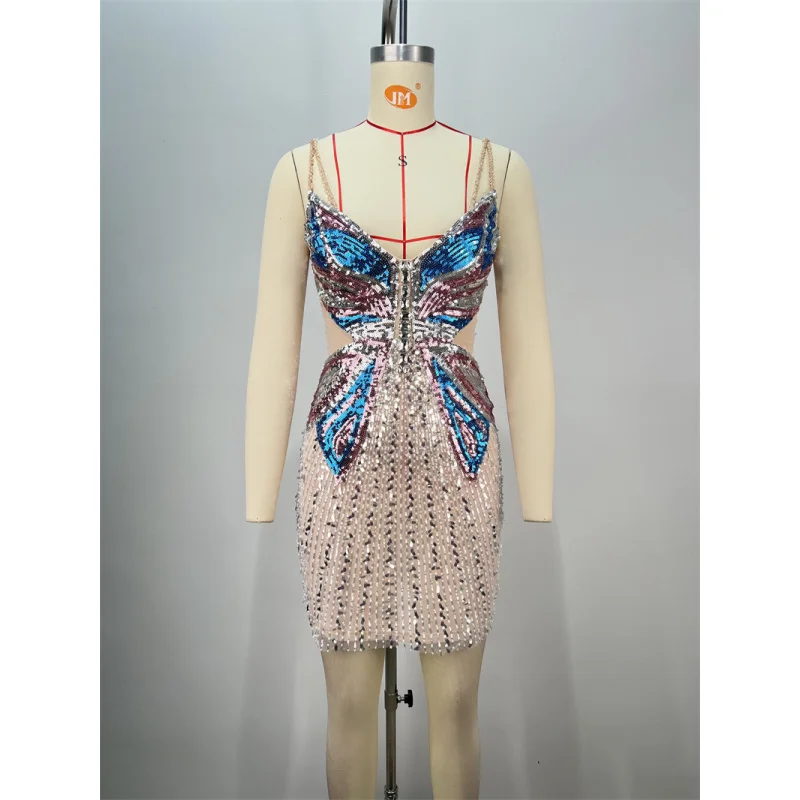 Borboleta lantejoulas bordado sexy baixo corte oco para fora cinta vestido socialite festa férias vestido