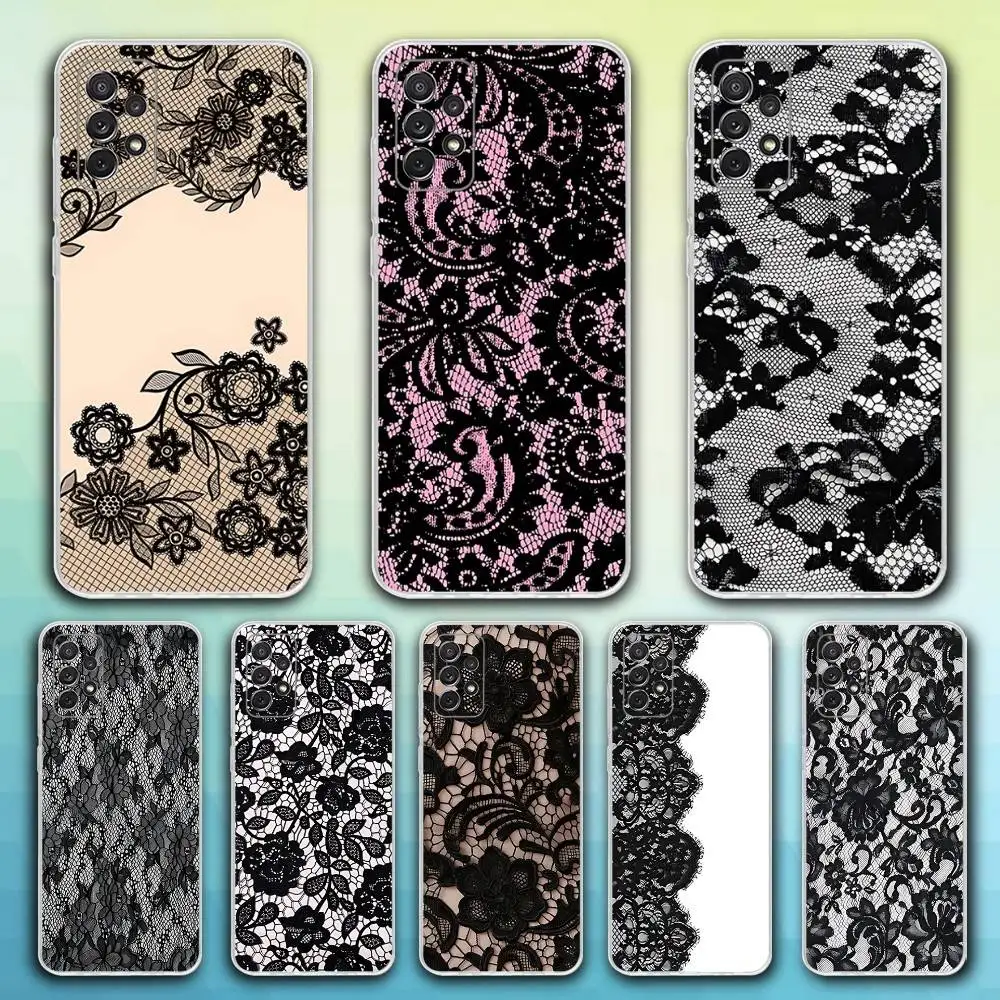 حافظة هاتف مطبوعة بالدانتيل الأسود لهاتف سامسونج S30,23,21,22,20, FE lite,S10,9,8,7 PIus Note20 Ultra Soft Transparent