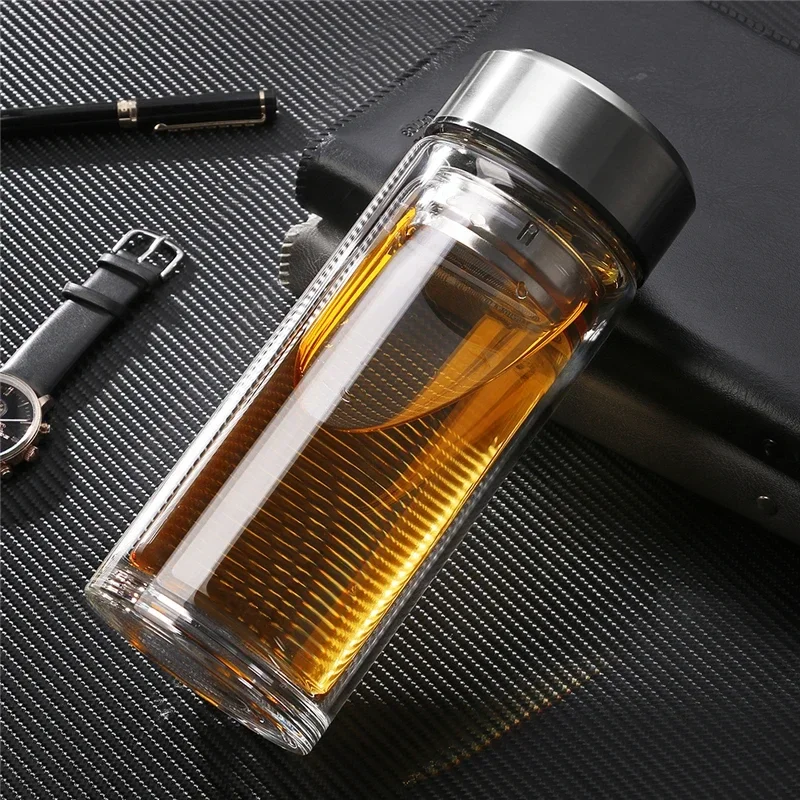 

Glass Water Bottle Double Wall High Borosilicate Glass Office Home Water Cup With Tea Infuser Leakproof Bottle NEW