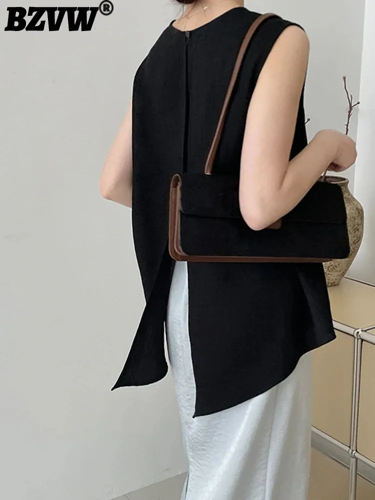

BZVW Office Lady T-shirt For Women O-neck Sleeveless Solid Color Back Split Irregular Tops 2024 Female Summer New 25A8381