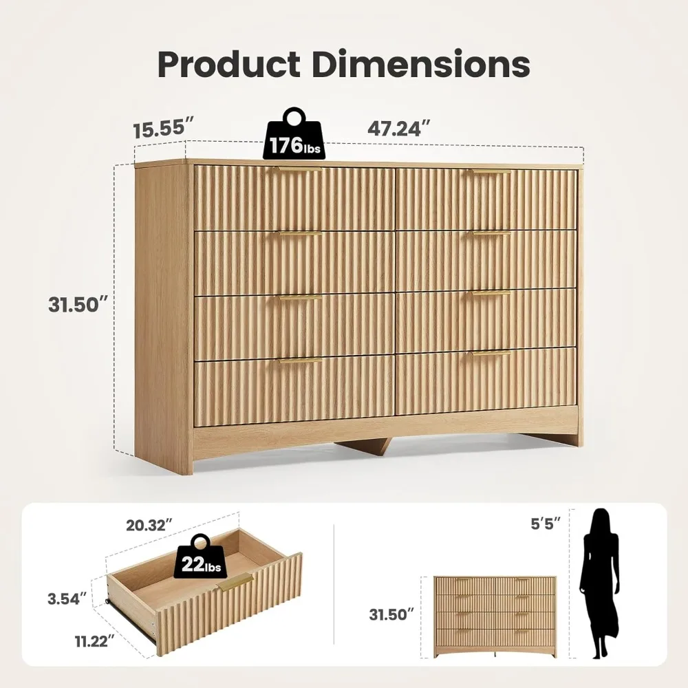Amada Cômoda contemporânea de madeira com 8 gavetas e bordas arredondadas e slides embutidos, cômoda com suporte de TV com design canelado