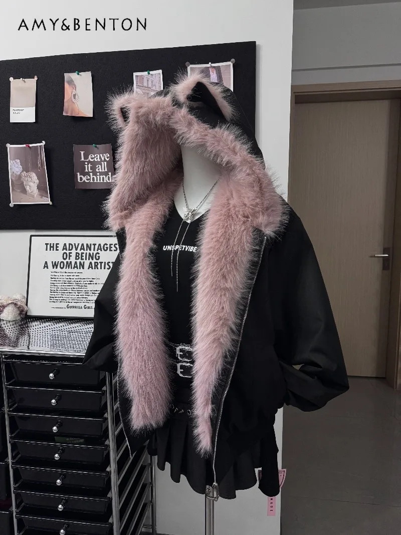 

American Pink Fur Collar Cotton Jacket Plush Collar Cat Ear Coat for Women Winter Sweet Cool Thickened Warm Loose Short Coats