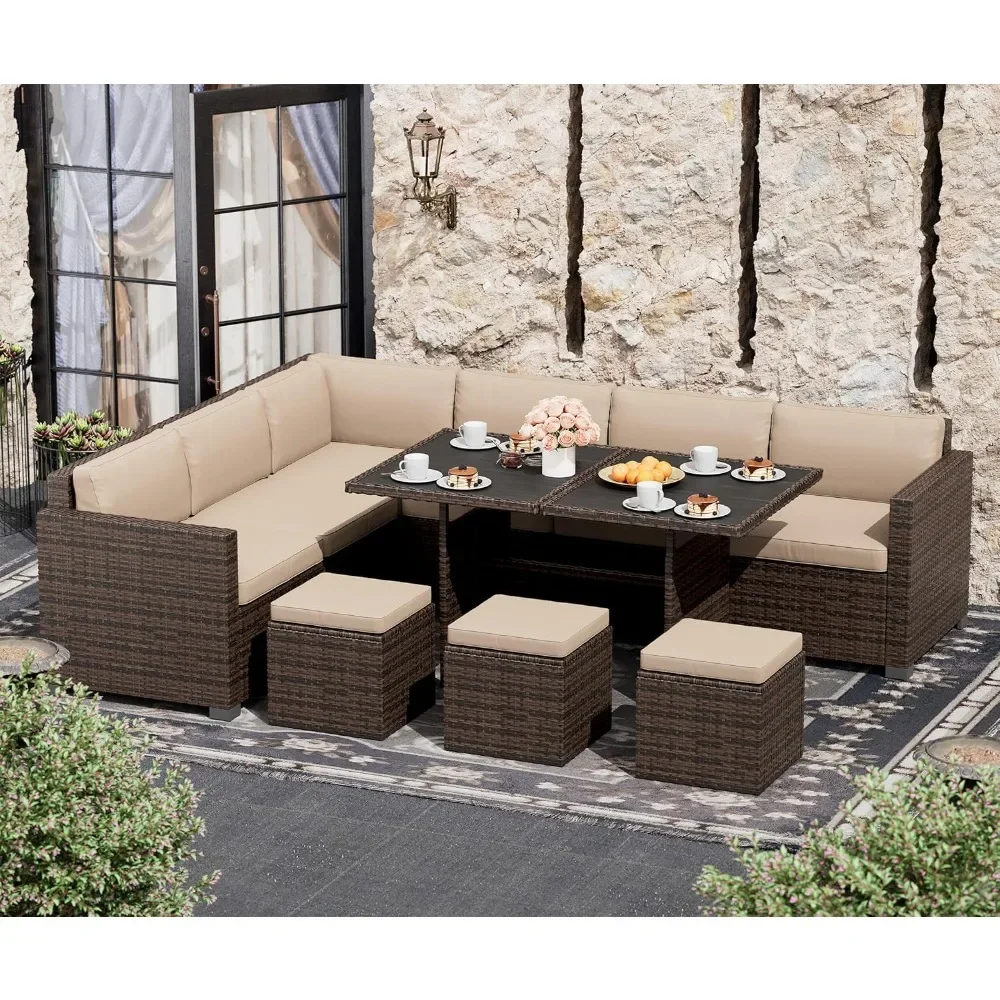 7-Piece Patio Furniture Set, Outdoor Furniture Sectional Sofa, All-Weather PE Rattan Outdoor Set with Beige Cushions, Table