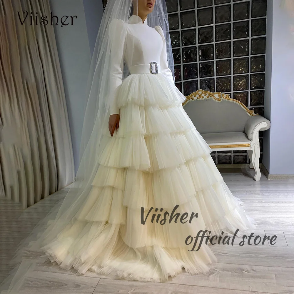 Viisher-vestidos de novia de princesa de línea A, ropa de tul satinado, manga larga, cuello alto, Vintage, iglesia, personalizado