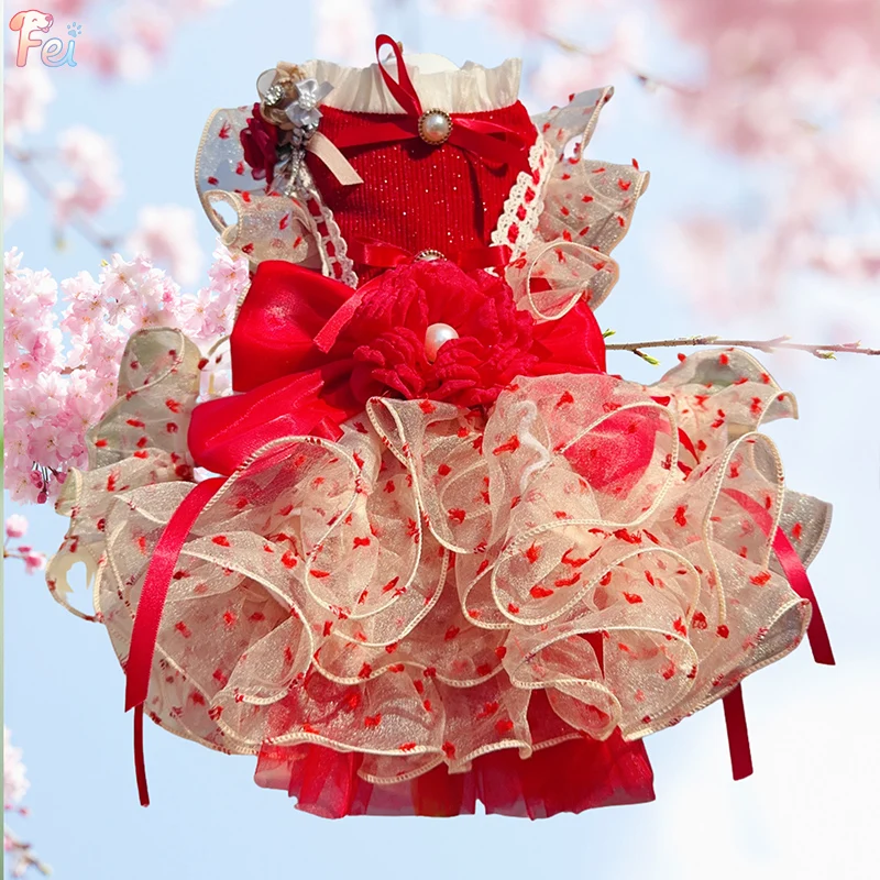 

Fashion Red Polka Dot Dog Dress for Small Dogs with Detachable Ruffle Cake Train Handmade Party Halloween Costume Apparel