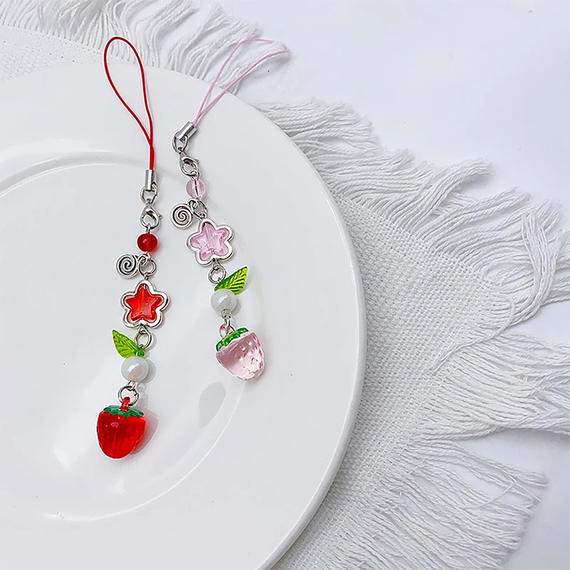 Korean Cute Strawberry Mobile Phone Chain Y2K Sweet Fruits Beaded Phone Lanyard Keychain For Girls Phone Pendant Charms