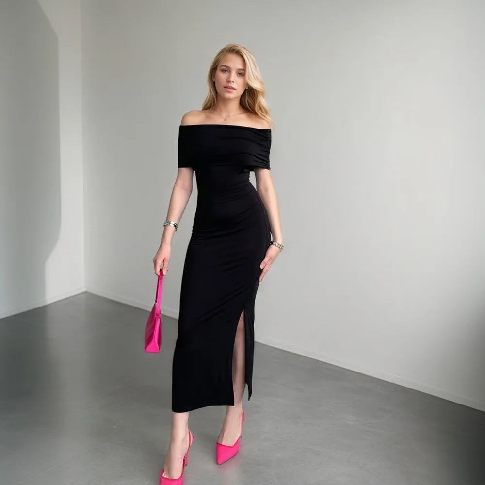 Summer Sexy One Shoulder Dress Women High Waist Slit Long Gown Party Bodycon