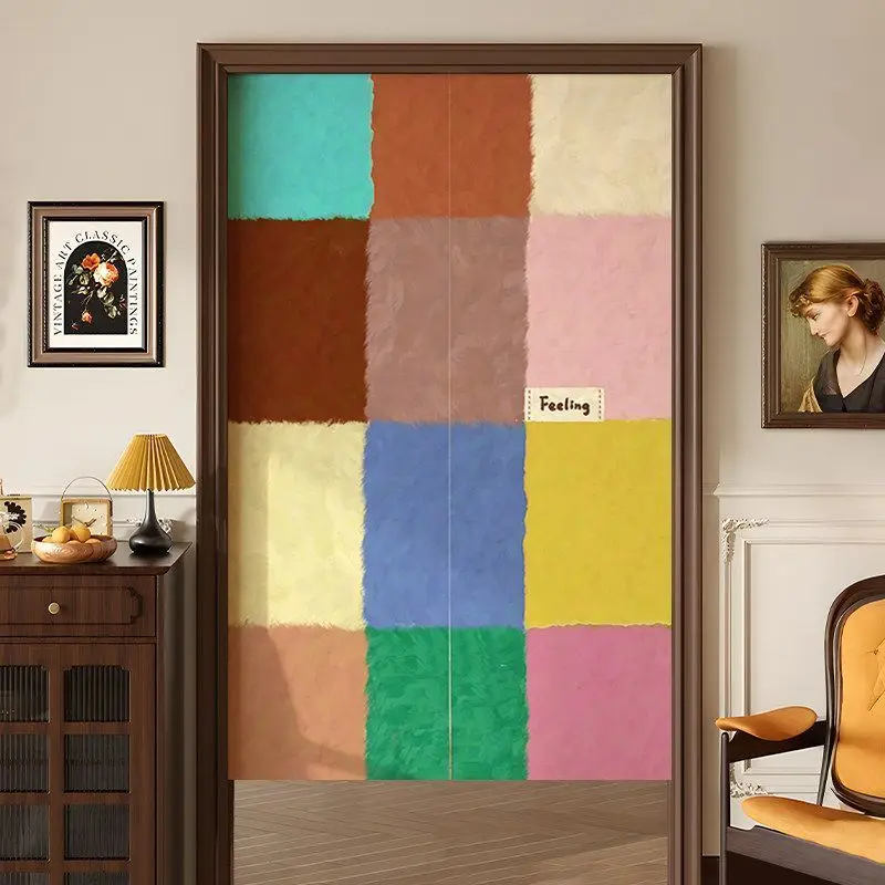 Artistic Collision Color Block Door Curtain, Oil Painting Texture Grid, Home Use, No Punching, Room Cover, Decorative Curtain