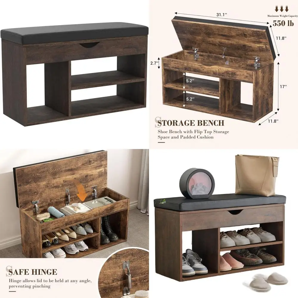 

31 Storage Bench with Cushion, 2-Tier Shoe Rack for Entryway, Living Room, Brown