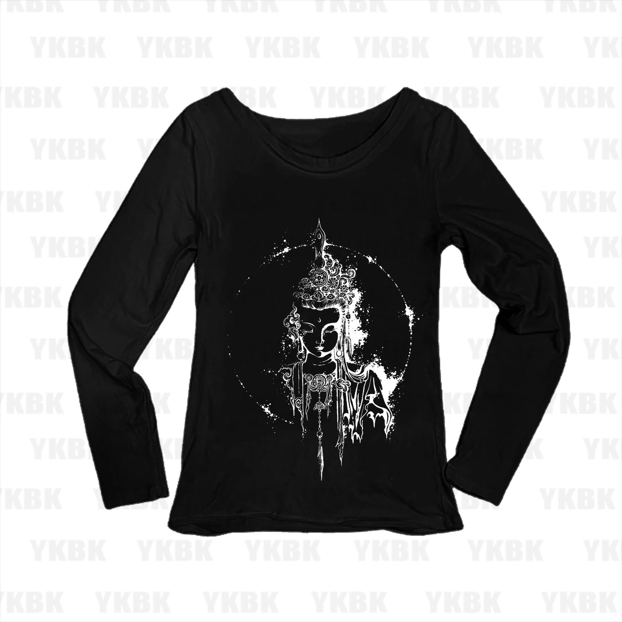 Y2K Alt Women Long Sleeve Top Buddha Guanyin Ink Splash Graphic Print Slim Fit Casual Cropped Long Sleeve Tee T-Shirt