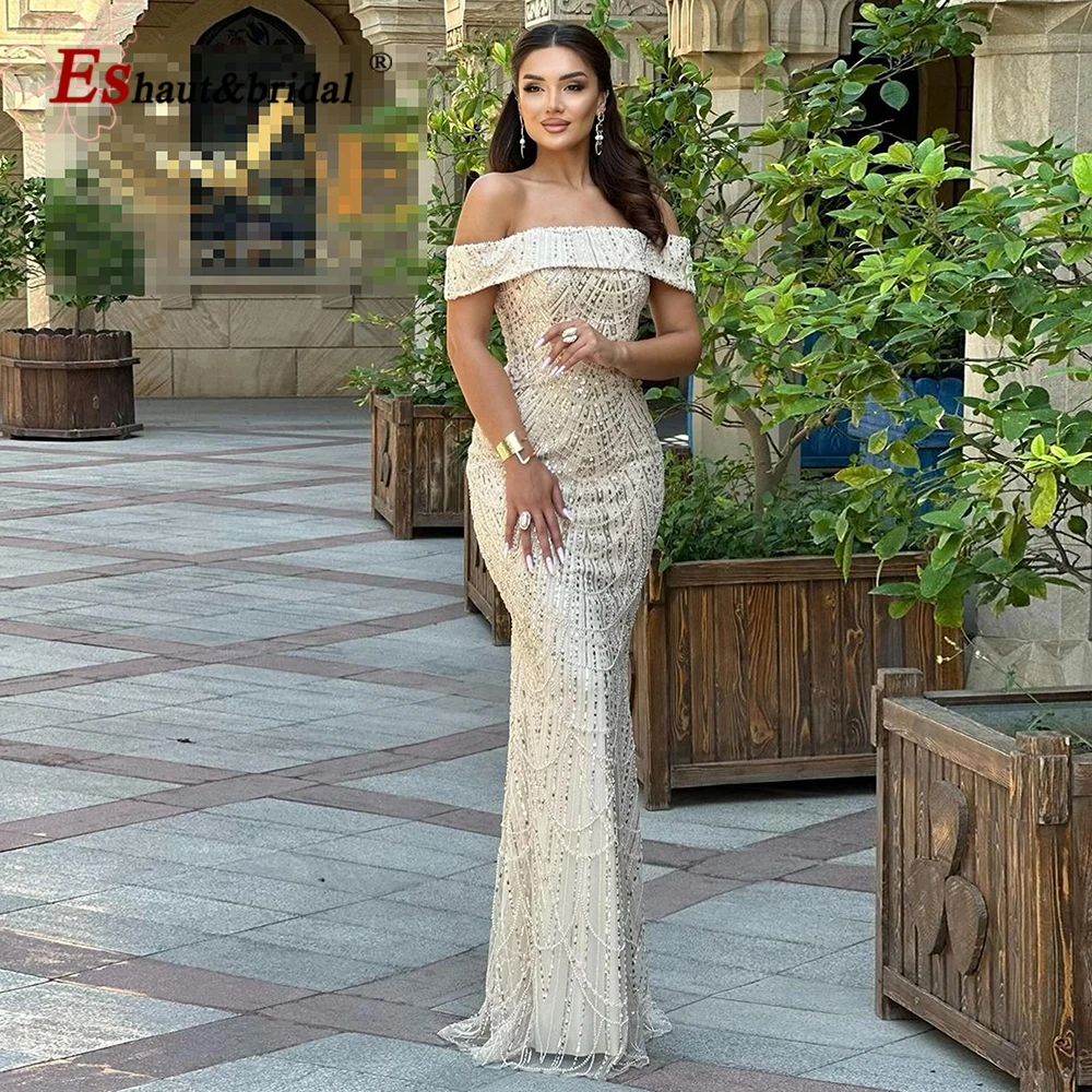 Elegant Mermaid Pearls Evening Dress for Women 2024 Off the Shoulder Lace Up Long Formal Prom Wedding Party Gowns Customized