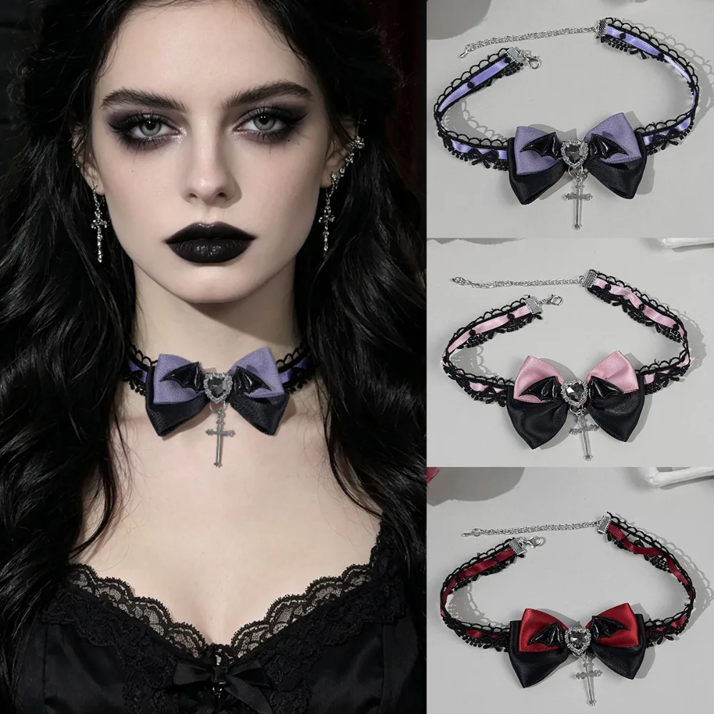 Sweet Cool Heart Cross Wings Collar Choker Necklace Purple Bow Gothic Niche Collarbone Chain for girls  Y2K Jewelry for Women