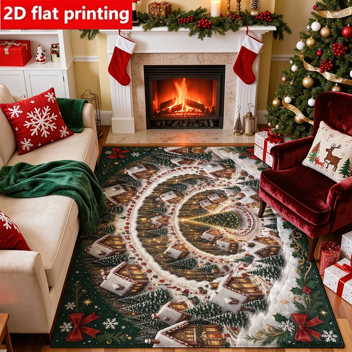 1pc 2D Flat Christmas Snowy Town Pattern Printed Floor Mat, Decorative Rug for Living Room, Bedroom, Home