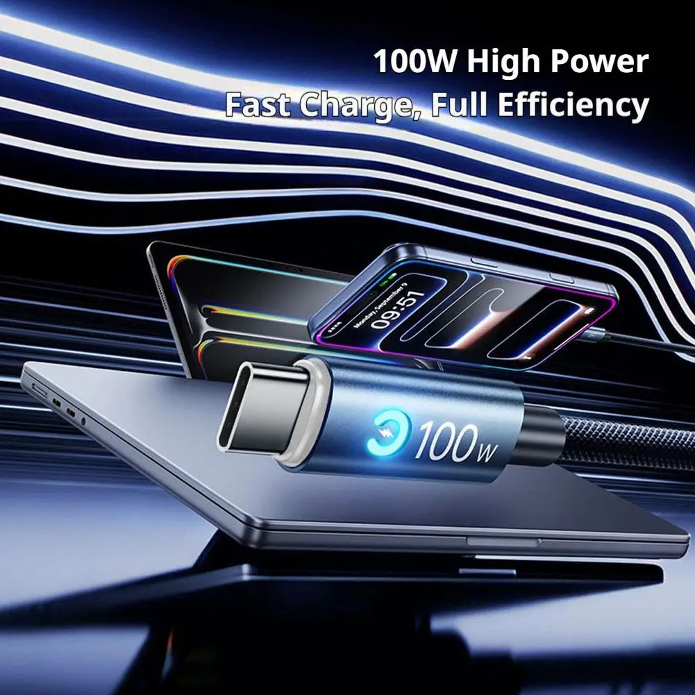 Smart Power Off 100W Super Fast Charging Data Cable Type C With Breathing Light Suitable For Apple Android Tablets Notebooks