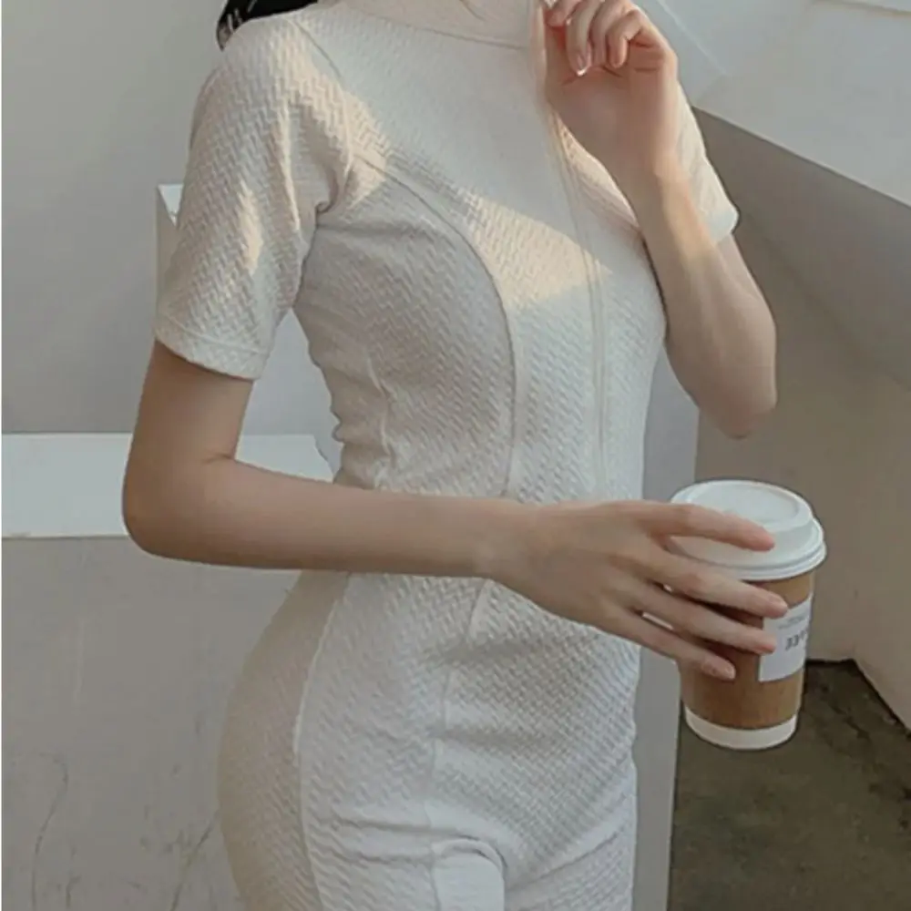 

Bodysuit Short Sleeve Swimming Suit Half High Collar Solid Bathing Suit High Neck Blue One Piece Swimsuit Summer