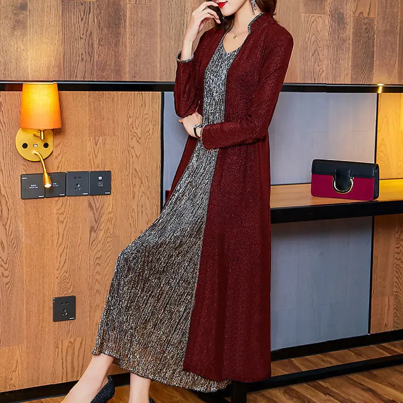 Noble Women Dress Two Piece Set New Spring Autumn Long Sleeved Cardigan Outwear + Sleeveless Strap Dress 2PCS Vest Dress Suits