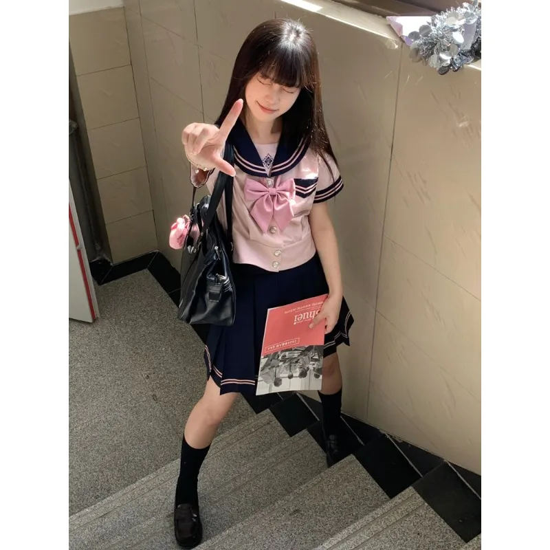

Japanese College Jk Uniform Set Women Summer Short Slim Shirts with Butterfly Bow Tie Contrast Pleated Mini Skirt Sailor Suit