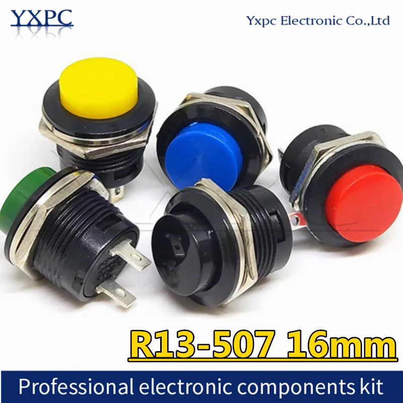 5pcs Round-shape Push Button Switch ON OFF 2Pin ON-OFF R13-507 16mm Momentary Electric Power Switch R13 507 Switches
