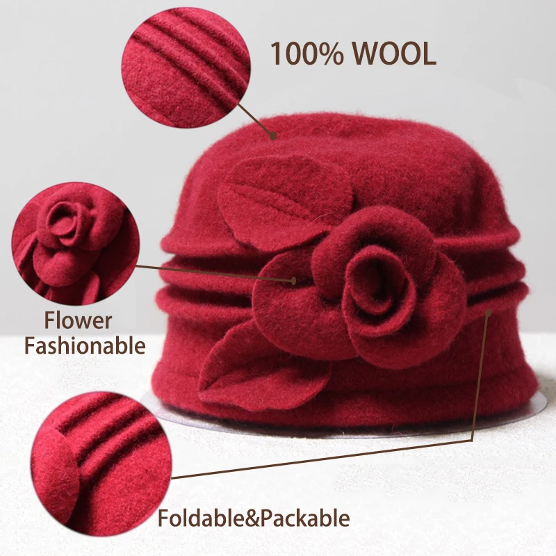 Ladies' Elegant Wool Fisherman Hat - Fashionable Solid Color, Knitted Design with Flower accents, Non Stretchable