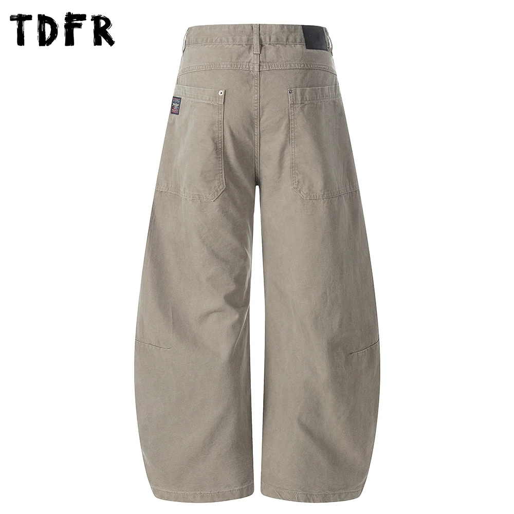 Solid Color Distressed Cargo Pants Mens Retro Washed Spliced Baggy Wide Leg Banana Trousers Man