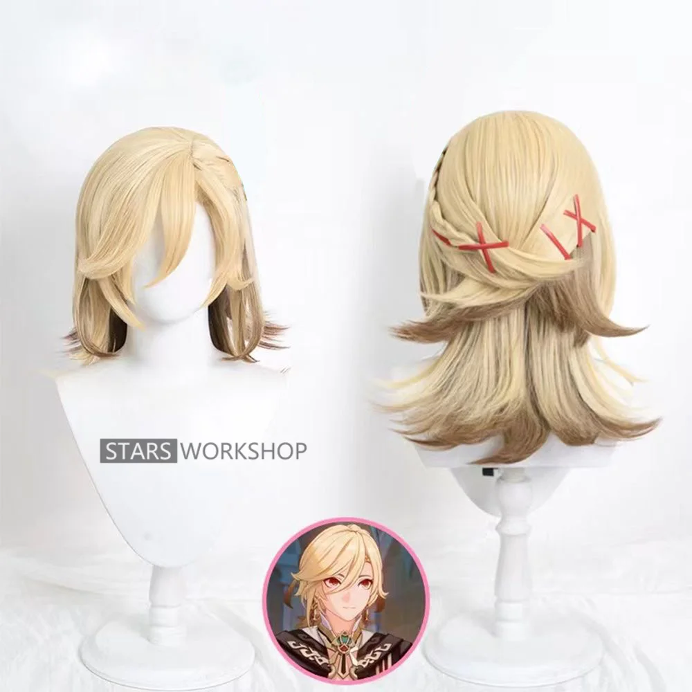 In Stock Genshin Impact Kaveh Cosplay Wig Long Linen Gold With Braid Heat Resistant Hair Wigs + Wig Cap For Christmas Halloween