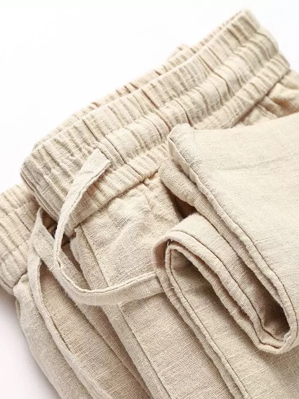 الصيف رقيقة القطن الكتان الرجال فضفاض الرياضة سراويل تقليدية الكاكي واسعة الساق مستقيم قطع مرونة الخصر منتصف الارتفاع تسع نقاط