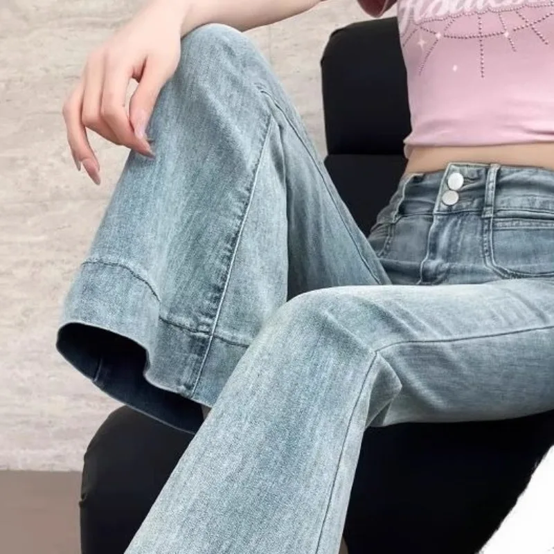 Hohe Taille, lockere Passform, Bootcut-Jeans, Damen-Doppelschnalle, neun Zähne, schlankmachende Hose mit weitem Bein, Retro-Stil, lässige Mode, TT1041
