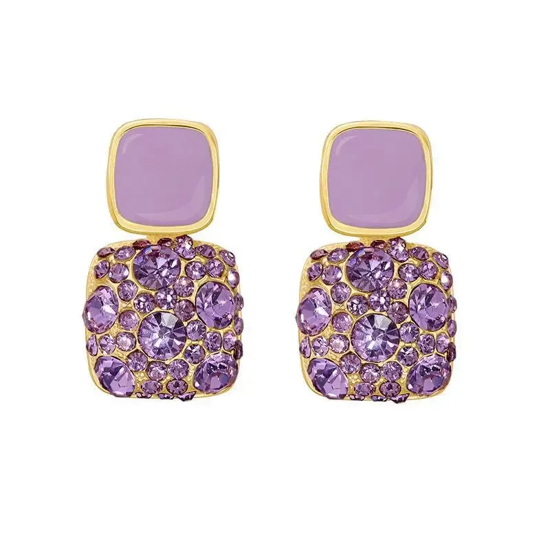 New Purple Color Zircon Crystal Enamel Double Square Drop Earrings for Women Korean Style Jewelry Trend Creative Accessories