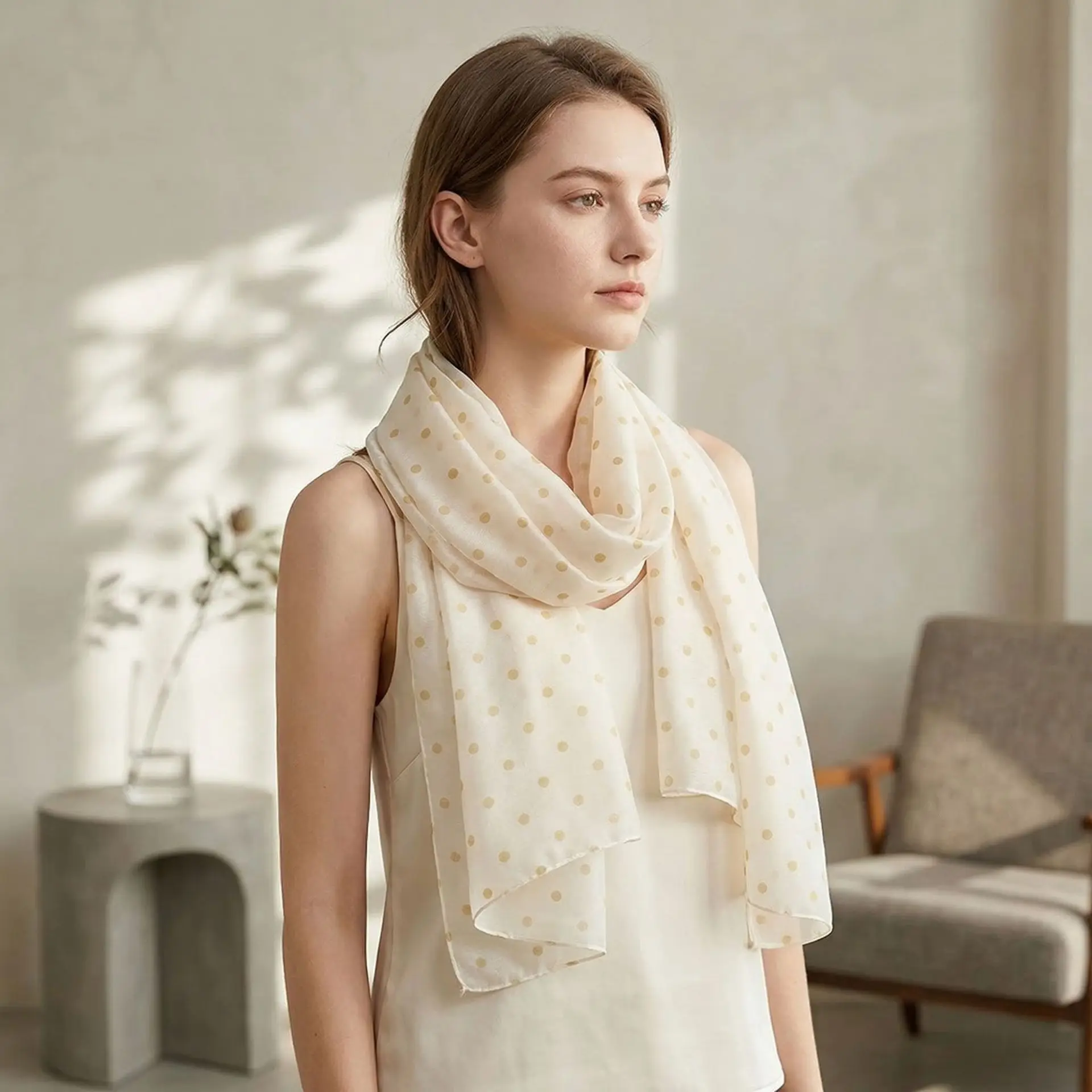 Cross Border Solid Color Polka Dot Organza Scarf Women Shawl Classic Japanese Korean Style Summer Thin Long Wrap Sun Scarf
