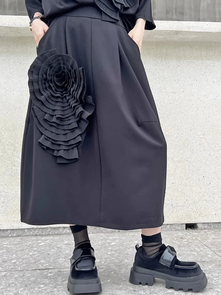 XITAO Three Dimensional Decoration Floral A-line Skirt Casual Slimming Fashion Street Trendy Women Black New Skirt ZY8661