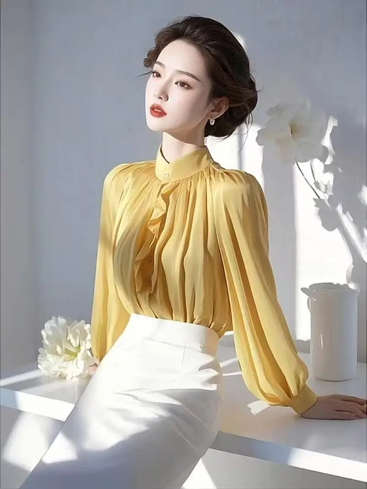 

New Ladies Elegant Ruffles Chiffon Long Sleeve Blouse 2025 Spring Autumn Temperament Pleated Solid Color Shirts Women Clothes