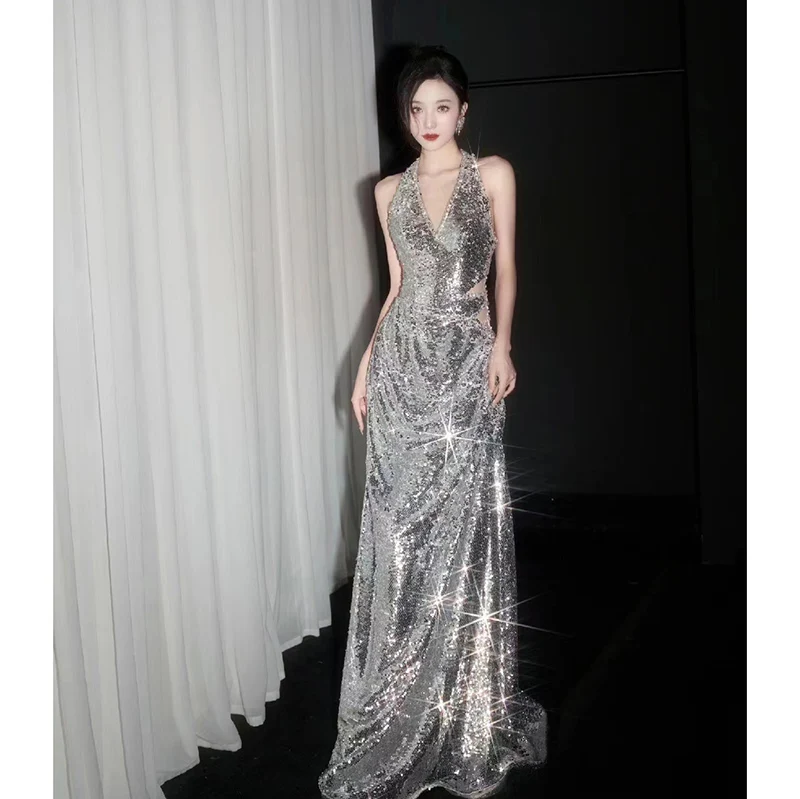 

iny Sequin Evening Gown Women's New 2025 High-End Sensation Ball Ele Luxury Sparkling Silver Color Sexy Mid-Waist Long ...