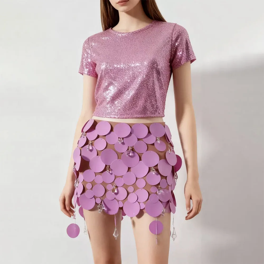 2025 Handmade sequined mini skirt low-waisted tight-fitting with zipper and crystal tassels sexy women TV red carpet party