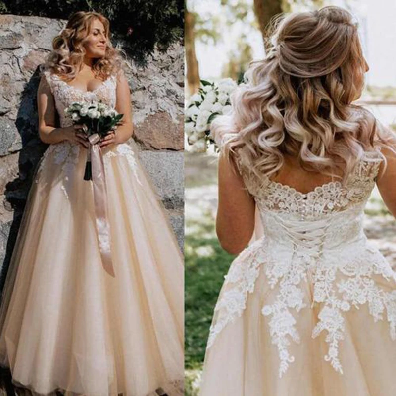 

V-Neck Lace Applique Cap Sleeve Long Elegant A-Line Wedding Dress with Lace-up Pearls Champagne Bridal Dress vestido de novia