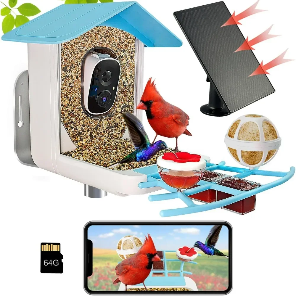 

64GB Smart Bird Feeder with Camera Solar Powered, 2K 3MP HD Live Video &Playback on Phone, AI Identify +10,000 Bird Species