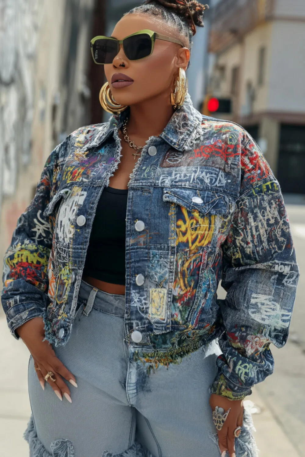 

Plus Size Daily Light Blue All Over Print Long Sleeve Pocket Casual Denim Jacket