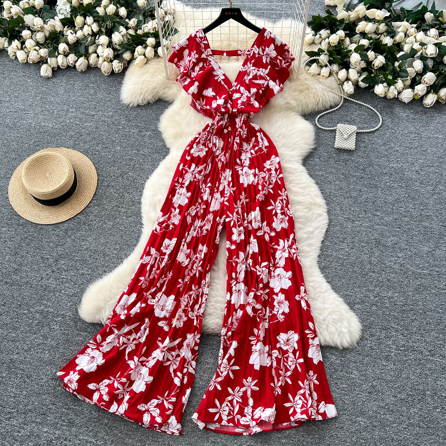 

Women Sexy Spliced ruffle print V Neck Slim Fashion Elastic Bodycone Jumpsuits Hotsweet Gothic Playsuits