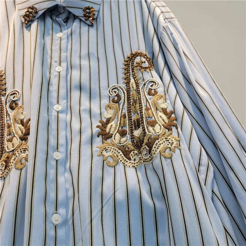 ANJY 2026 Spring New Women European Fashion Elegant Striped Long Sleeve Shirt Chic Ins Embroidery Versatile Casual Shirts A18211