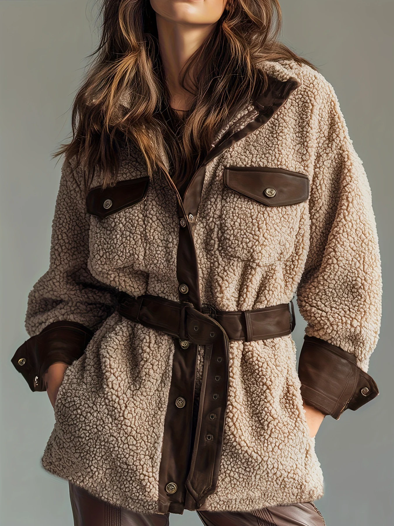 

New Women's Retro Fleece Lined Thickened Lamb Fur Patchwork Pu Leather Pocket Belt, Suitable for Fall and Winter.