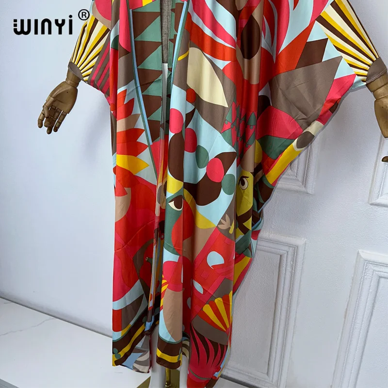 WINYI Summer fashion Beach Geometric print Cover Up Boho Cardigan elegant sexy Holiday Kimono beach wear women 2024 kaftan dress