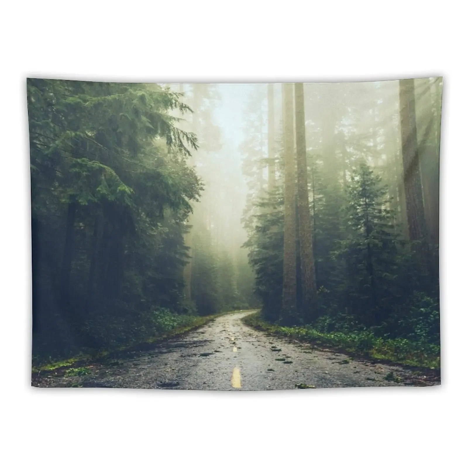 Green Forest Fog Road Wanderlust - California Redwoods Road Trip Tapestry Home Supplies Wall Art Tapestry