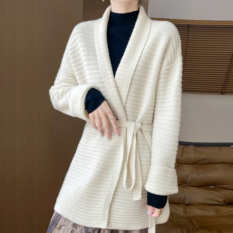 Autumn Winter New 100% Merino Wool Cardigan Women\'s Mid to Long Thick Sweater Jacket Fashionable Korean Knitted Large Size Tops