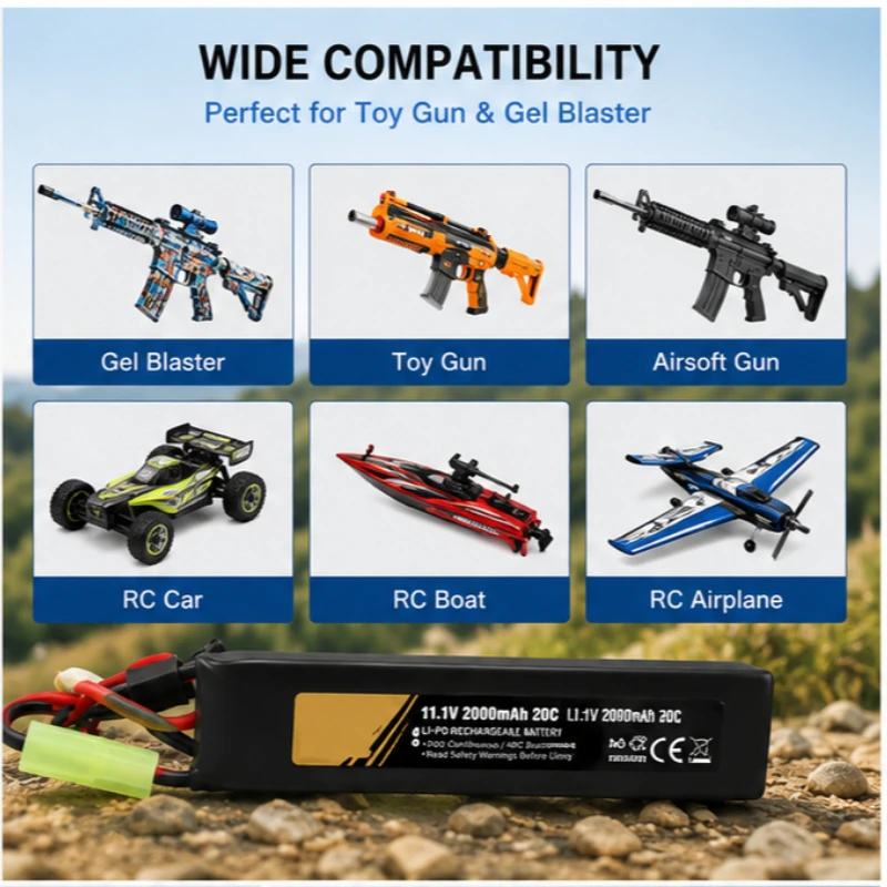 2000mAh 11.1V 3S LiPo Battery High Discharge for Toy Gun / Gel Blaster Tactical Edition for Airsoft Rifle Stock Core Gel Ball