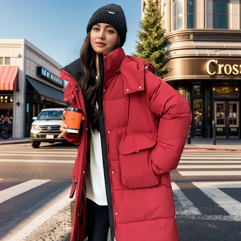 

Женская зимняя куртка 2025, зимняя женская однотонная длинная хлопковая куртка, женские парки с капюшоном и высоким воротником, пальто, стеганая куртка