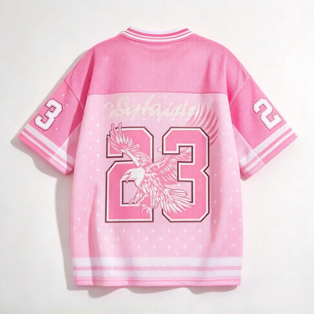 Pink Gradient Star Eagle 23 Pattern V-neck Sweet Cool American Retro Style Casual Loose Sports Street Style T-shirt