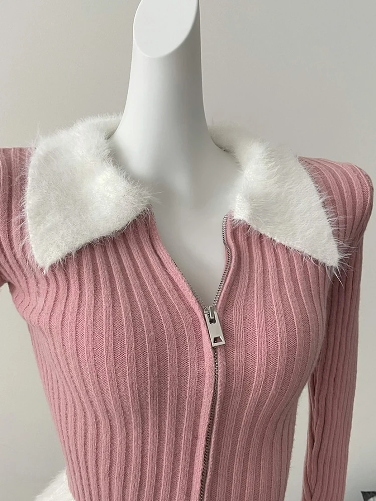 Autumn Winter Women Vintage Cropped Sweater Long Sleeve Korean Fashion Mohair Cardigan Knitwear 2000s Aesthetic Contrast Color