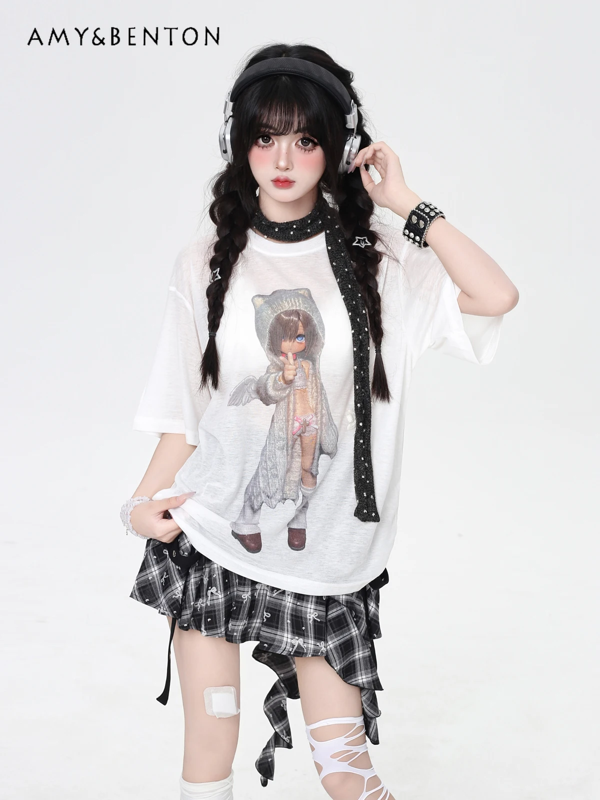 

American Y2k Cartoon Comic Print Short-sleeved T-shirt Street Punk Hot Girl Top Summer Versatile Loose Crew Neck T-shirt Women
