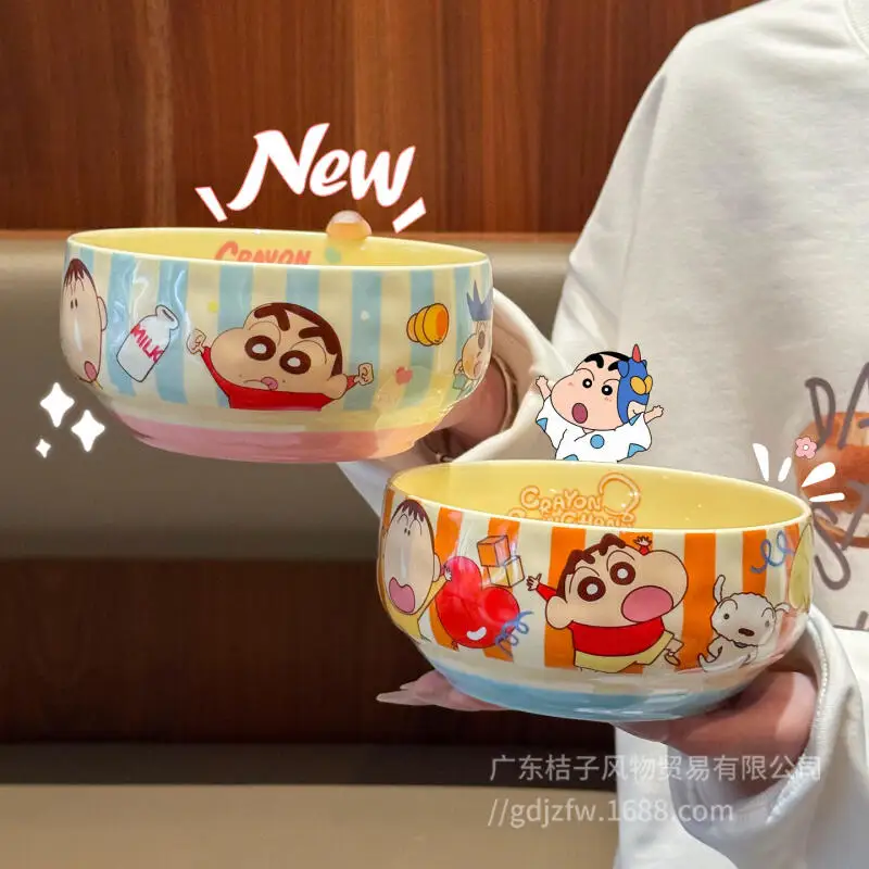 Co-Branded Crayon Shinchan Ceramic Noodle Soup Bowl Cute High-Value Household Tableware with Matching Spoon and Chopsticks