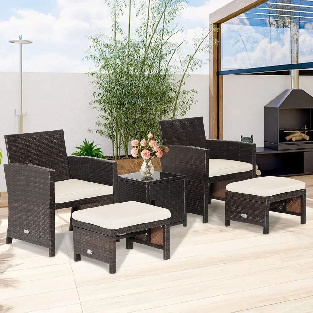 5-Piece Waterproof Wicker Patio Furniture Set with Cushioned Chairs, Ottoman, and Storage Coffee Table